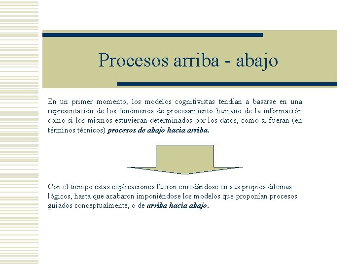 Procesos arriba - abajo En un primer momento, los modelos cognitivistas tendían a basarse Procesos arriba - abajo En un primer momento, los modelos cognitivistas tendían a basarse