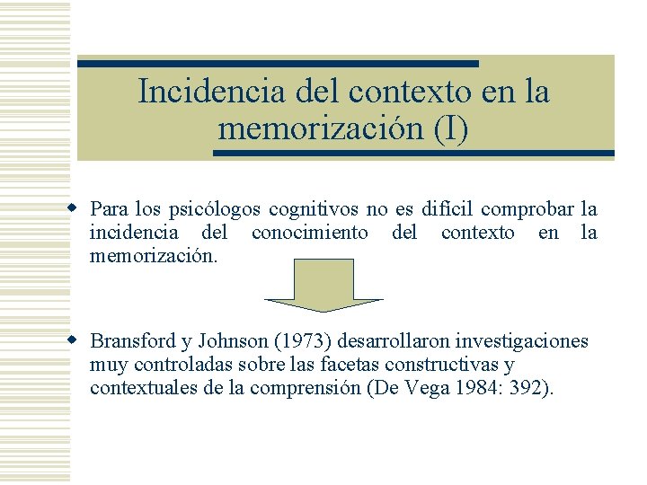 Incidencia del contexto en la memorización (I) w Para los psicólogos cognitivos no es Incidencia del contexto en la memorización (I) w Para los psicólogos cognitivos no es