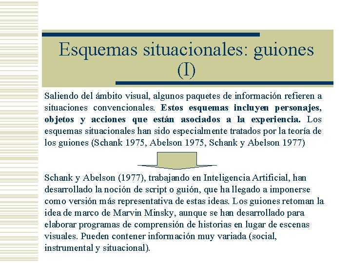 Esquemas situacionales: guiones (I) Saliendo del ámbito visual, algunos paquetes de información refieren a Esquemas situacionales: guiones (I) Saliendo del ámbito visual, algunos paquetes de información refieren a