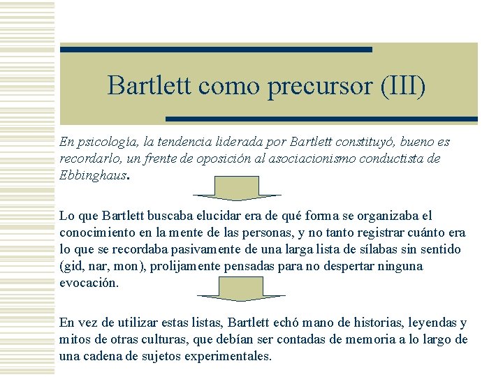 Bartlett como precursor (III) En psicología, la tendencia liderada por Bartlett constituyó, bueno es Bartlett como precursor (III) En psicología, la tendencia liderada por Bartlett constituyó, bueno es