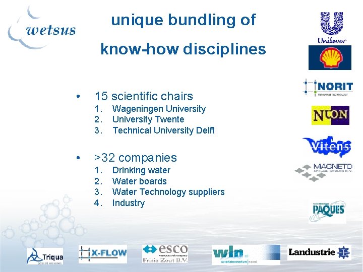 unique bundling of know-how disciplines • 15 scientific chairs 1. 2. 3. • Wageningen unique bundling of know-how disciplines • 15 scientific chairs 1. 2. 3. • Wageningen