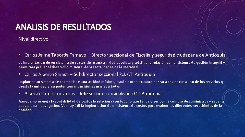 ANALISIS DE RESULTADOS Nivel directivo • Carlos Jaime Taborda Tamayo – Director seccional de