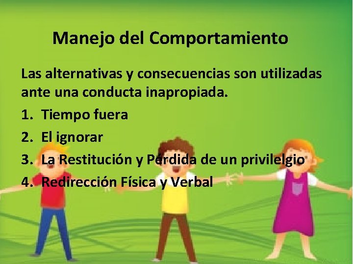 Manejo del Comportamiento Las alternativas y consecuencias son utilizadas ante una conducta inapropiada. 1.