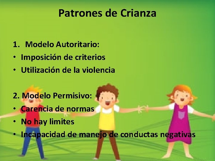 Patrones de Crianza 1. Modelo Autoritario: • Imposición de criterios • Utilización de la