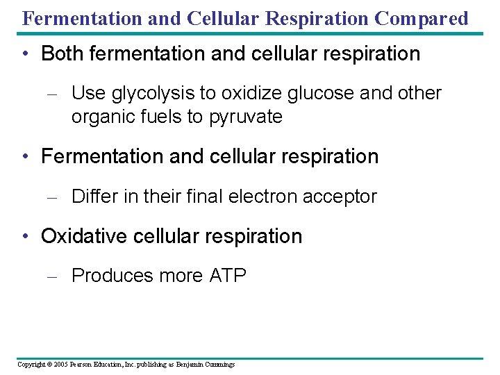 Fermentation and Cellular Respiration Compared • Both fermentation and cellular respiration – Use glycolysis