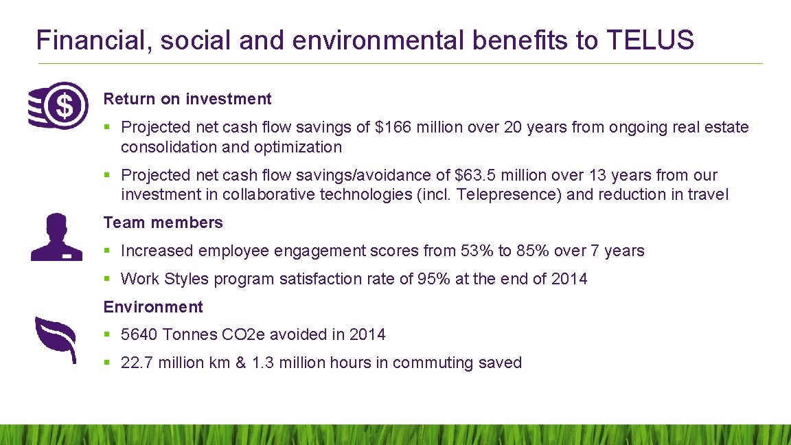 Financial, social and environmental benefits to TELUS Return on investment § Projected net cash