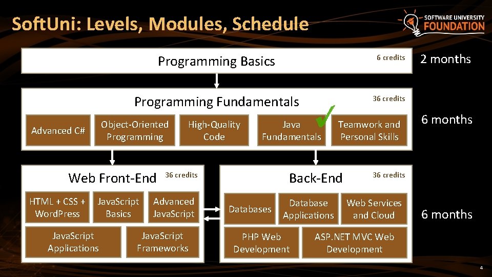 Soft. Uni: Levels, Modules, Schedule Programming Basics 6 credits Programming Fundamentals 36 credits Object-Oriented