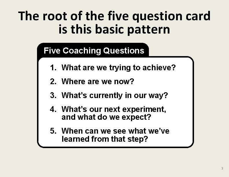 The root of the five question card is this basic pattern Five Coaching Questions