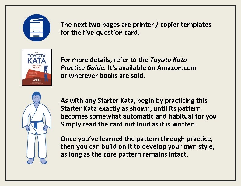 The next two pages are printer / copier templates for the five-question card. For