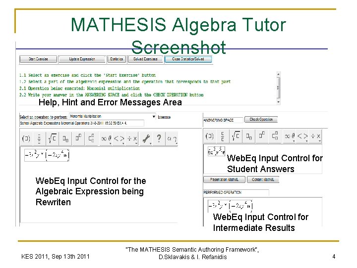 MATHESIS Algebra Tutor Screenshot Help, Hint and Error Messages Area Web. Eq Input Control
