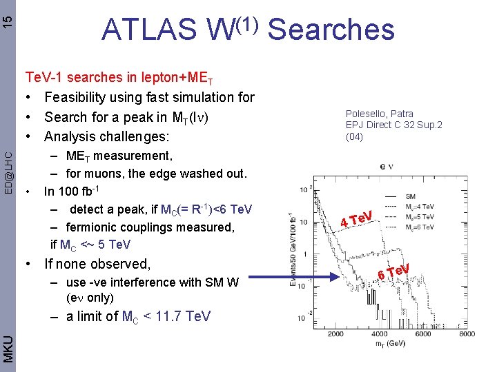 15 ATLAS W(1) Searches ED@LHC Te. V-1 searches in lepton+MET • Feasibility using fast