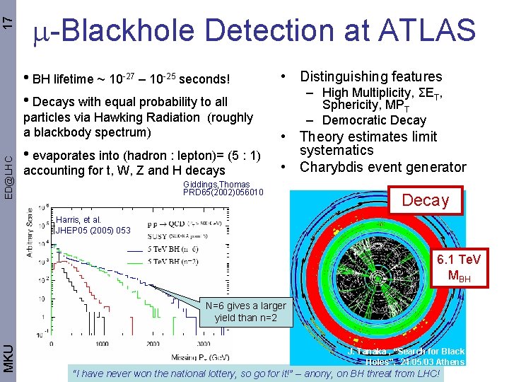 17 -Blackhole Detection at ATLAS • BH lifetime ~ 10 -27 – 10 -25
