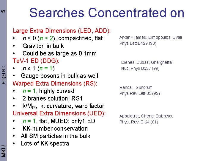 5 ED@LHC MKU Searches Concentrated on Large Extra Dimensions (LED, ADD): • n >