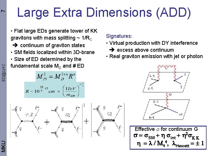 7 ED@LHC Large Extra Dimensions (ADD) • Flat large EDs generate tower of KK