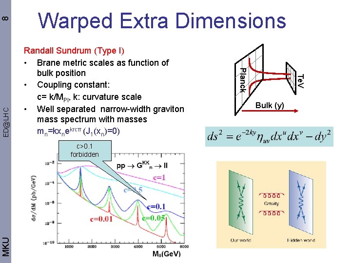 8 MKU c>0. 1 forbidden Te. V Randall Sundrum (Type I) • Brane metric