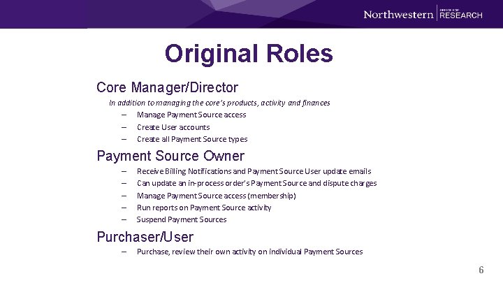 Original Roles Core Manager/Director In addition to managing the core’s products, activity and finances