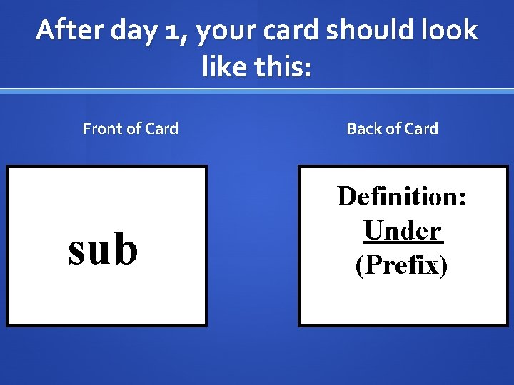 After day 1, your card should look like this: Front of Card sub Back