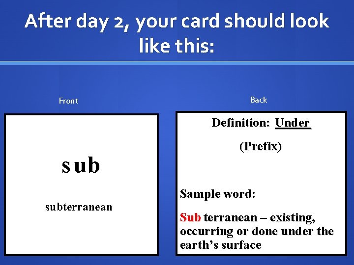 After day 2, your card should look like this: Front Back Definition: Under s