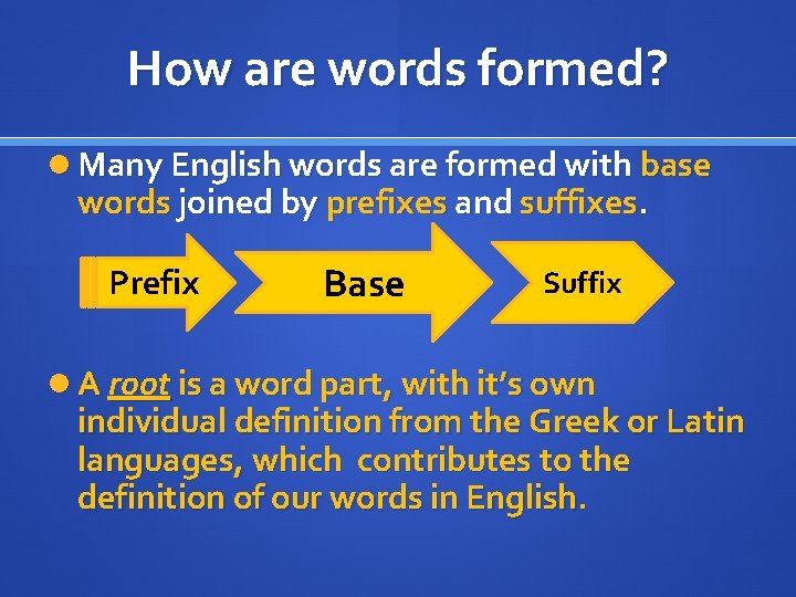 How are words formed? Many English words are formed with base words joined by