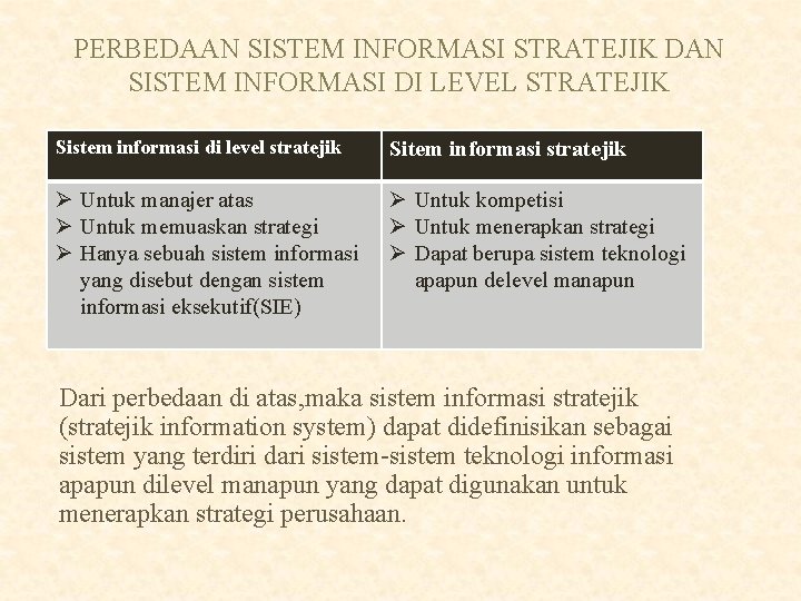 PERBEDAAN SISTEM INFORMASI STRATEJIK DAN SISTEM INFORMASI DI LEVEL STRATEJIK Sistem informasi di level