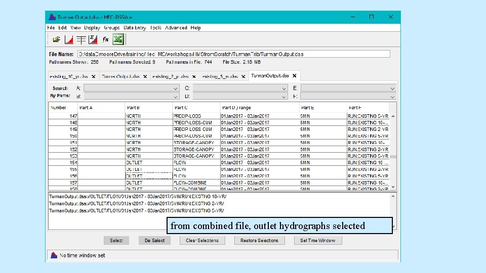 from combined file, outlet hydrographs selected from combined file, outlet hydrographs selected
