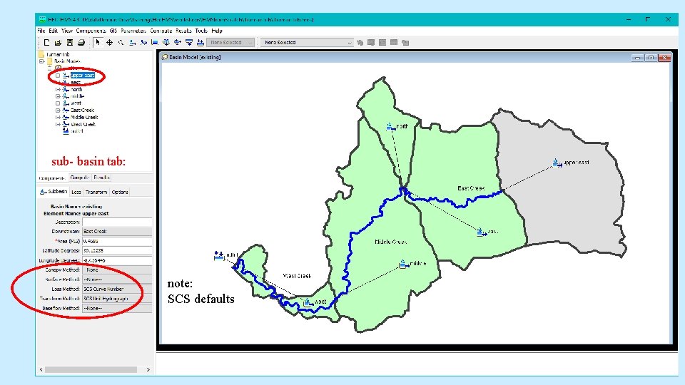 sub- basin tab: note: SCS defaults sub- basin tab: note: SCS defaults