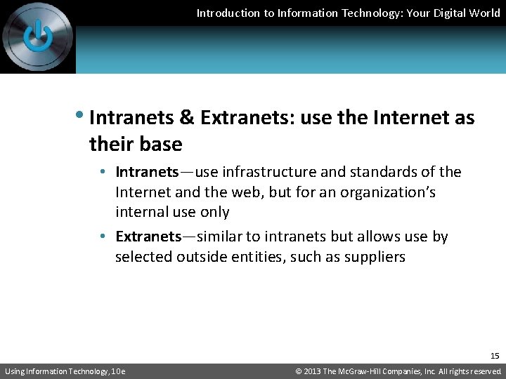 Introduction to Information Technology: Your Digital World • Intranets & Extranets: use the Internet