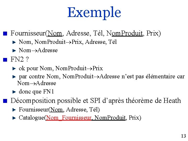 Exemple Fournisseur(Nom, Adresse, Tél, Nom. Produit, Prix) Nom, Nom. Produit Prix, Adresse, Tél Nom