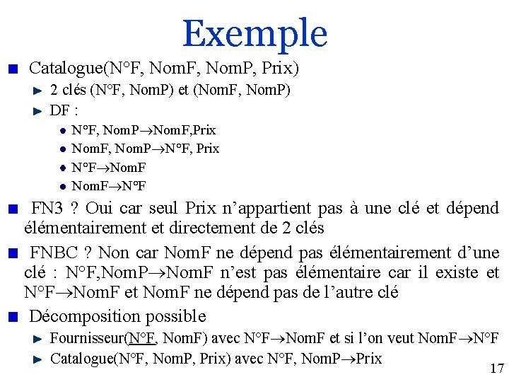 Exemple Catalogue(N°F, Nom. P, Prix) 2 clés (N°F, Nom. P) et (Nom. F, Nom.
