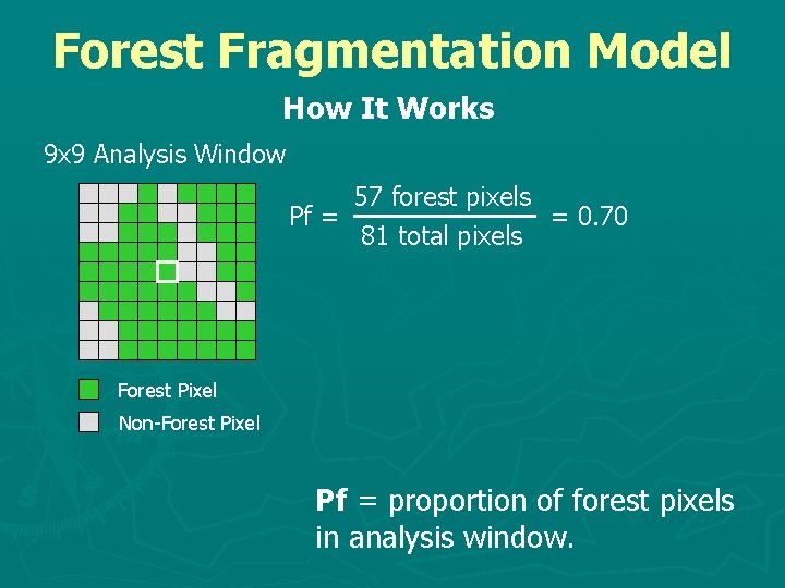 Forest Fragmentation Model How It Works 9 x 9 Analysis Window 57 forest pixels