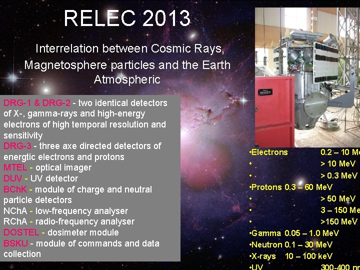 RELEC 2013 Interrelation between Cosmic Rays, Magnetosphere particles and the Earth Atmospheric DRG-1 & RELEC 2013 Interrelation between Cosmic Rays, Magnetosphere particles and the Earth Atmospheric DRG-1 &