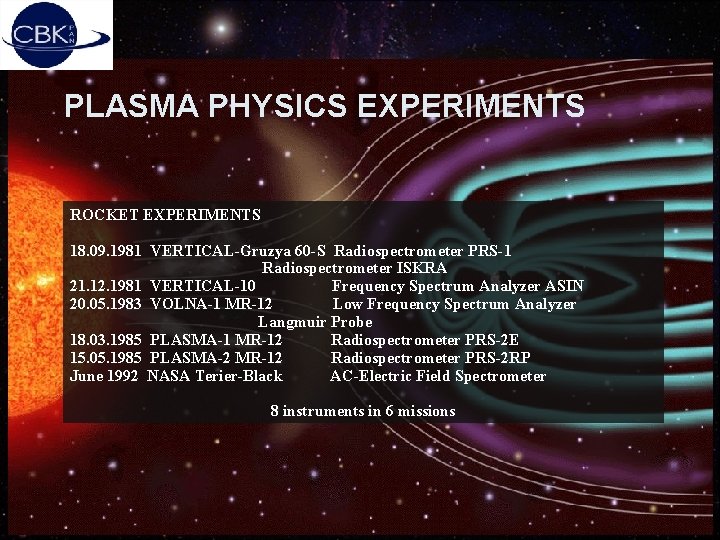PLASMA PHYSICS EXPERIMENTS ROCKET EXPERIMENTS 18. 09. 1981 VERTICAL-Gruzya 60 -S Radiospectrometer PRS-1 Radiospectrometer PLASMA PHYSICS EXPERIMENTS ROCKET EXPERIMENTS 18. 09. 1981 VERTICAL-Gruzya 60 -S Radiospectrometer PRS-1 Radiospectrometer