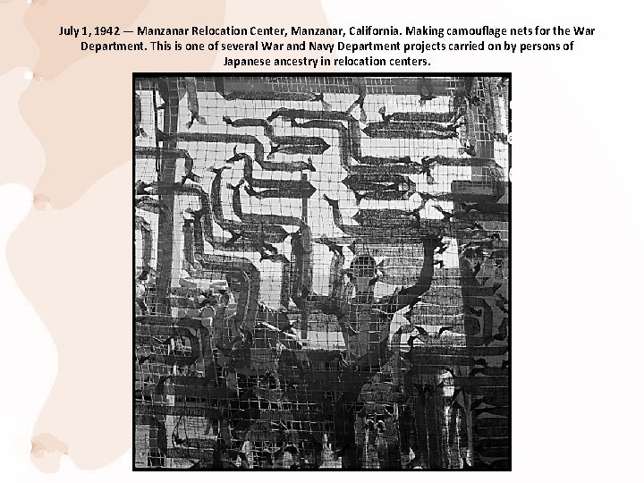 July 1, 1942 — Manzanar Relocation Center, Manzanar, California. Making camouflage nets for the