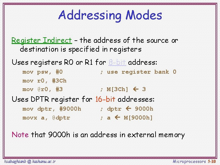 Addressing Modes Register Indirect – the address of the source or destination is specified