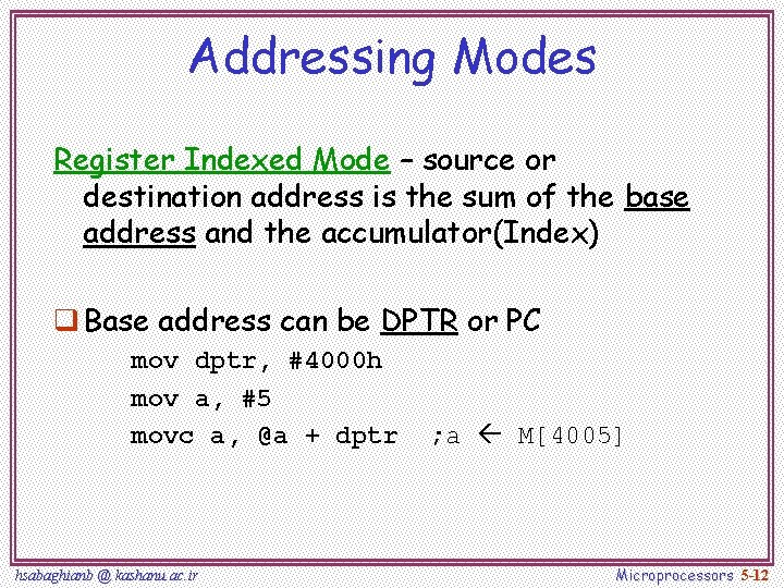 Addressing Modes Register Indexed Mode – source or destination address is the sum of