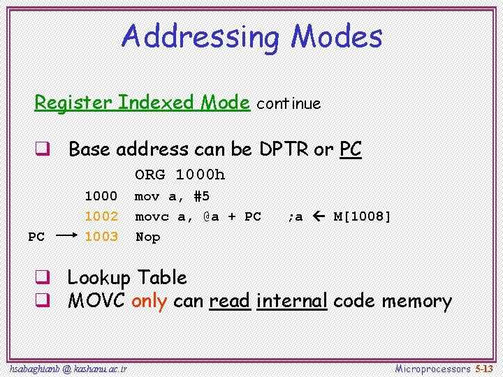 Addressing Modes Register Indexed Mode continue q Base address can be DPTR or PC