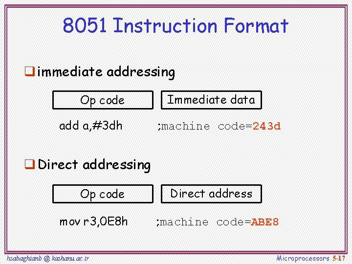 8051 Instruction Format q immediate addressing Op code add a, #3 dh Immediate data