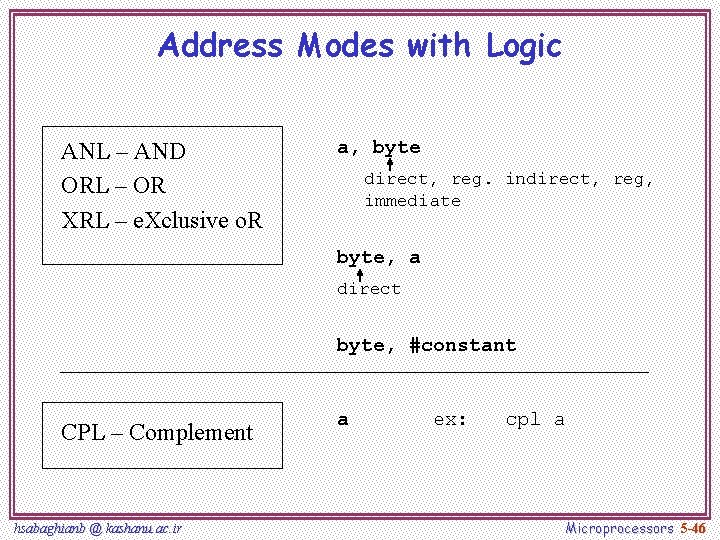 Address Modes with Logic ANL – AND ORL – OR XRL – e. Xclusive