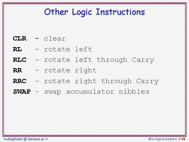 Other Logic Instructions CLR RL RLC RR RRC SWAP – – – clear rotate