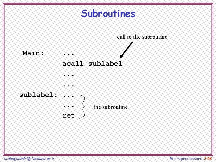 Subroutines call to the subroutine Main: . . . acall sublabel. . . sublabel:
