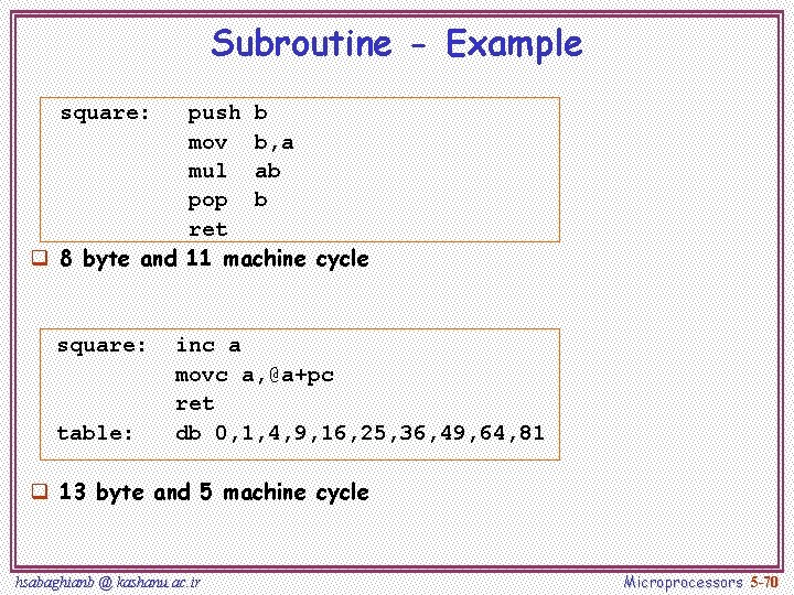 Subroutine - Example square: push b mov b, a mul ab pop b ret