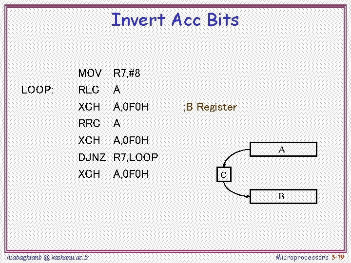 Invert Acc Bits LOOP: MOV RLC XCH RRC XCH DJNZ XCH R 7, #8