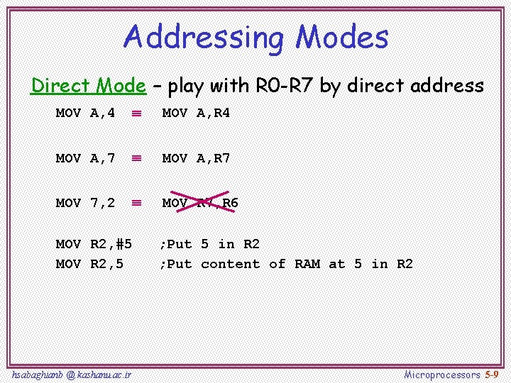 Addressing Modes Direct Mode – play with R 0 -R 7 by direct address