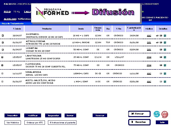 PACIENTE : RECETA ELECTRÓNICA IB-SALUT CS: IBIZA CIP: RCLC 0506070809 PESO: 73 Kg TALLA: