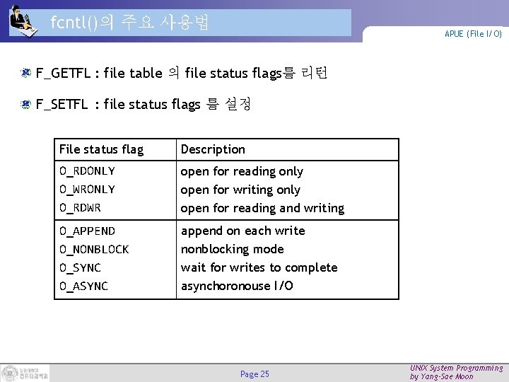 fcntl()의 주요 사용법 APUE (File I/O) F_GETFL : file table 의 file status flags를