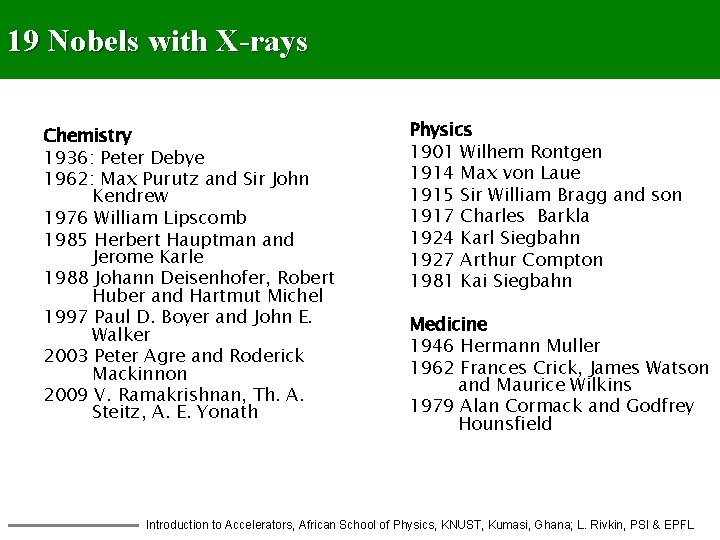 19 Nobels with X-rays Chemistry 1936: Peter Debye 1962: Max Purutz and Sir John