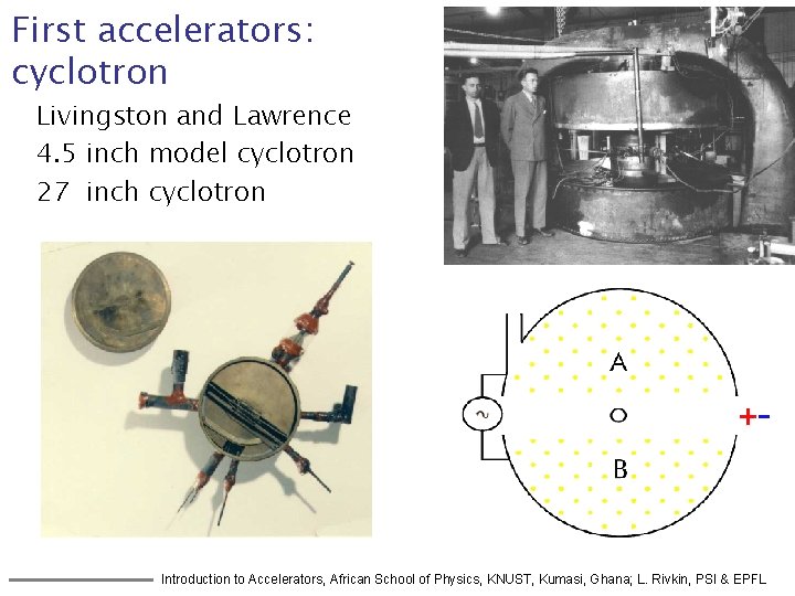 First accelerators: cyclotron Livingston and Lawrence 4. 5 inch model cyclotron 27 inch cyclotron