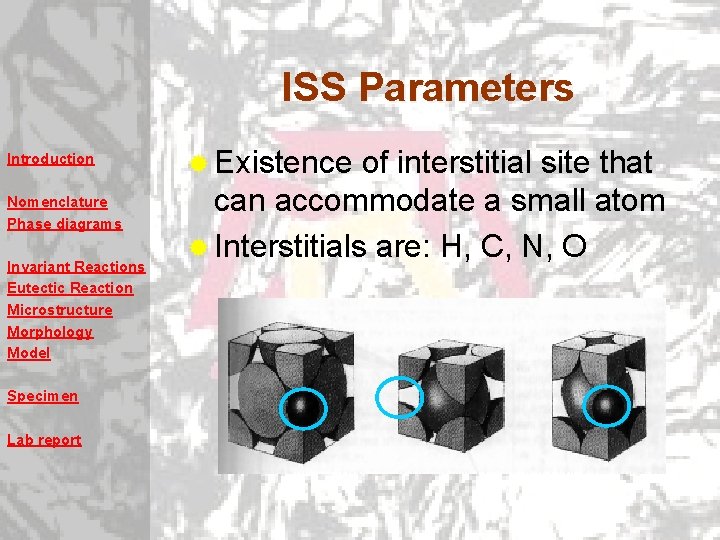 ISS Parameters Introduction Nomenclature Phase diagrams Invariant Reactions Eutectic Reaction Microstructure Morphology Model Specimen ISS Parameters Introduction Nomenclature Phase diagrams Invariant Reactions Eutectic Reaction Microstructure Morphology Model Specimen
