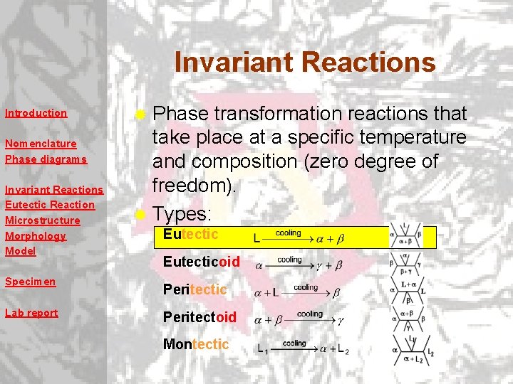 Invariant Reactions Introduction Nomenclature Phase diagrams Invariant Reactions Eutectic Reaction Microstructure Morphology Model Specimen Invariant Reactions Introduction Nomenclature Phase diagrams Invariant Reactions Eutectic Reaction Microstructure Morphology Model Specimen