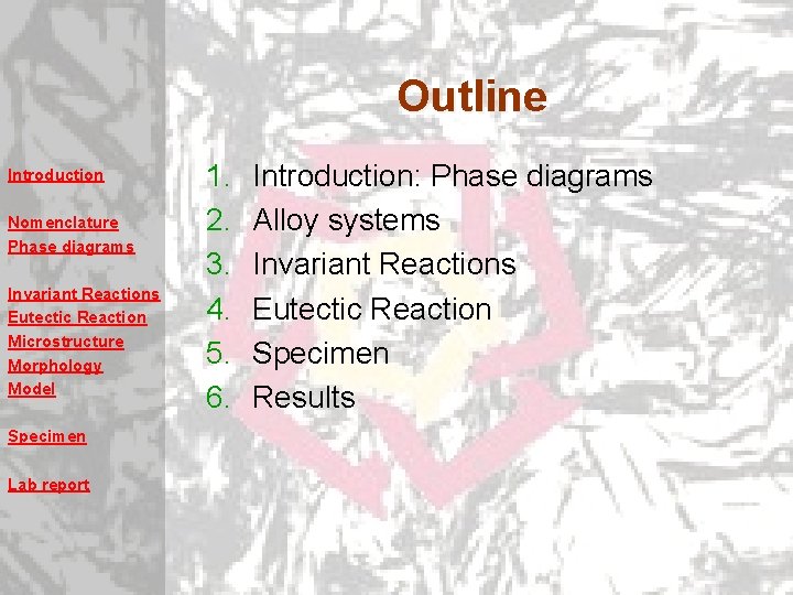 Outline Introduction Nomenclature Phase diagrams Invariant Reactions Eutectic Reaction Microstructure Morphology Model Specimen Lab Outline Introduction Nomenclature Phase diagrams Invariant Reactions Eutectic Reaction Microstructure Morphology Model Specimen Lab